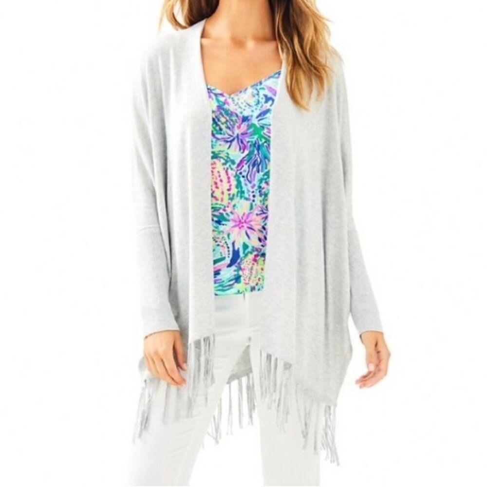 Lilly Pulitzer Colina Cardigan Fringe Sweater in Heathered Swordfish Gray Size S